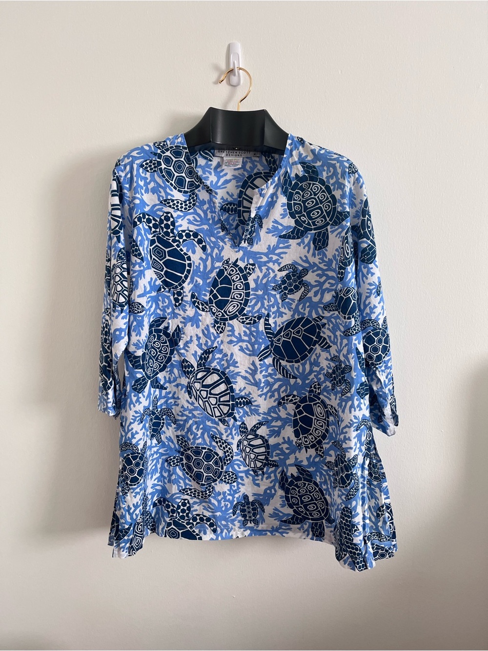 Gretchen Scott XL Tunic 100% Cotton Blue Sea Turtle Print Tunic Top